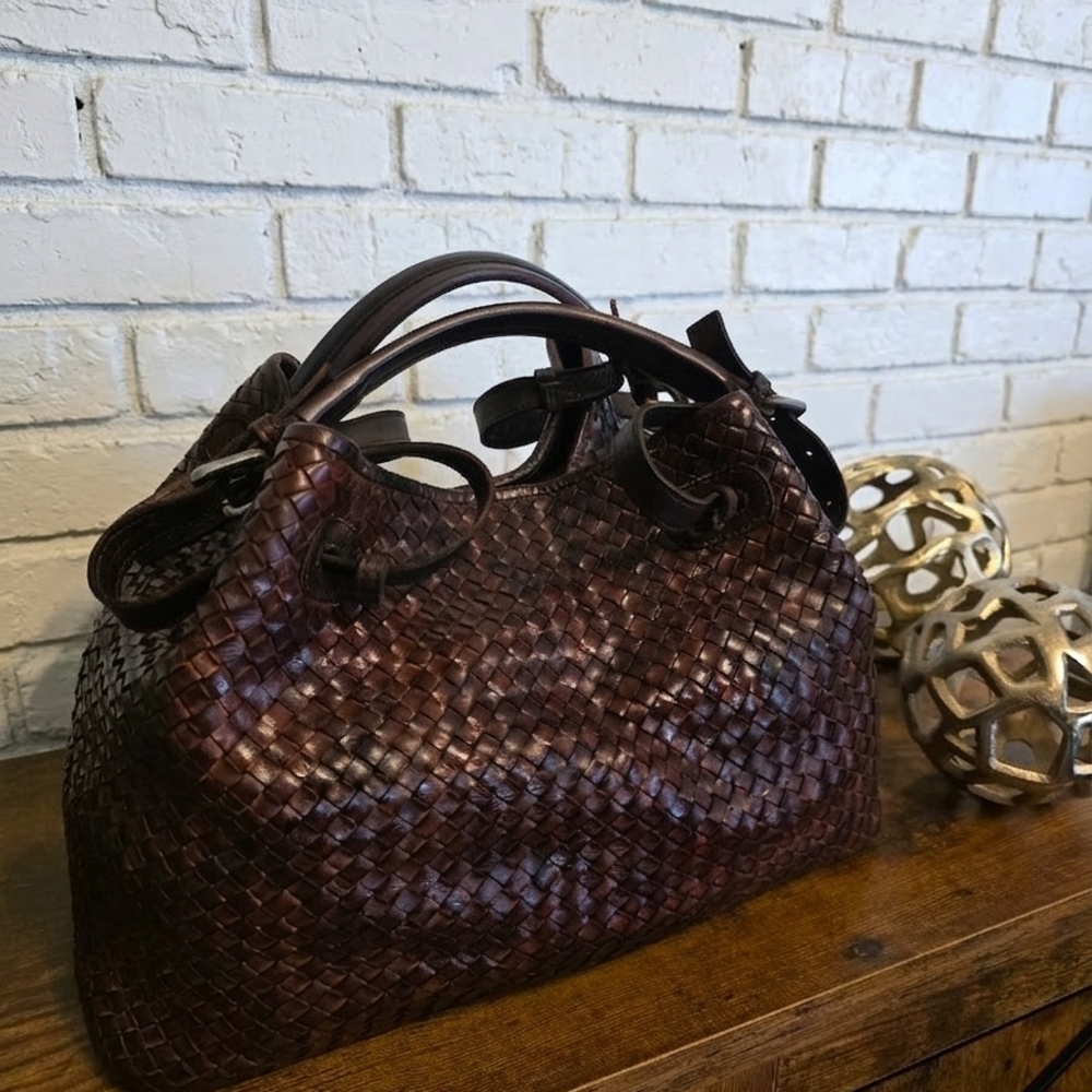 Valentina Italian Leather Dark Brown Woven Bag